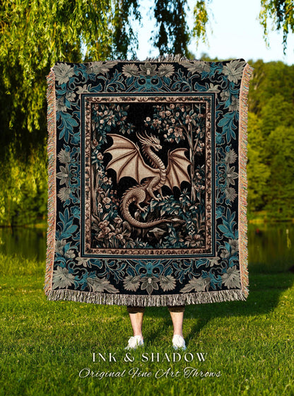 Magical Dragon Dark Floral Tapestry | Mystical Witchy Bedroom Ornate Fantasy Tapestry Floral Throw Blanket Mythical Creatures Vintage Whimsy