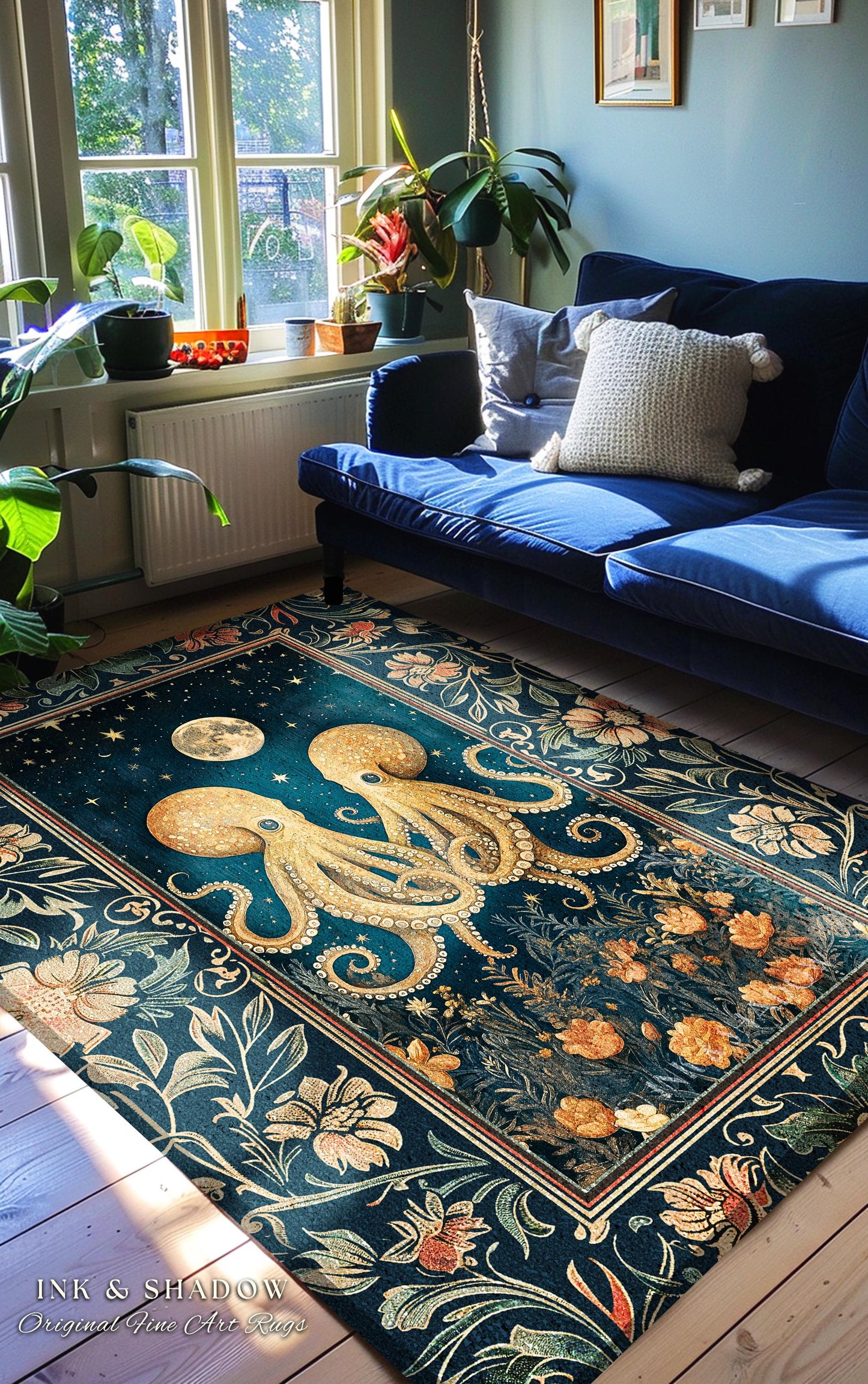 Nautical Storybook Octopus Accent Rug | Whimsigothic Moonlit Sea Life Nursery Area Rug Ethereal Oceanic Aesthetic Underwater Eclectic Unique