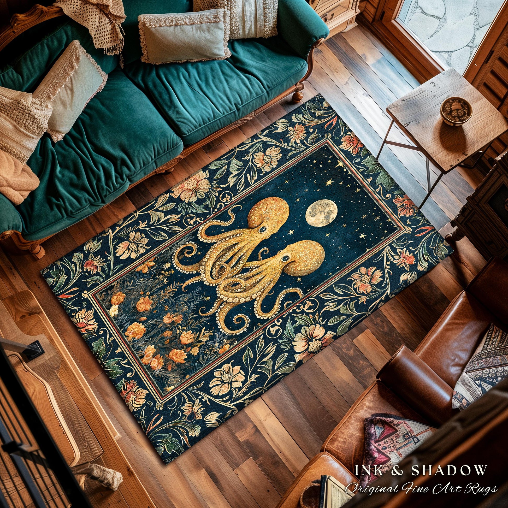 Nautical Storybook Octopus Accent Rug | Whimsigothic Moonlit Sea Life Nursery Area Rug Ethereal Oceanic Aesthetic Underwater Eclectic Unique