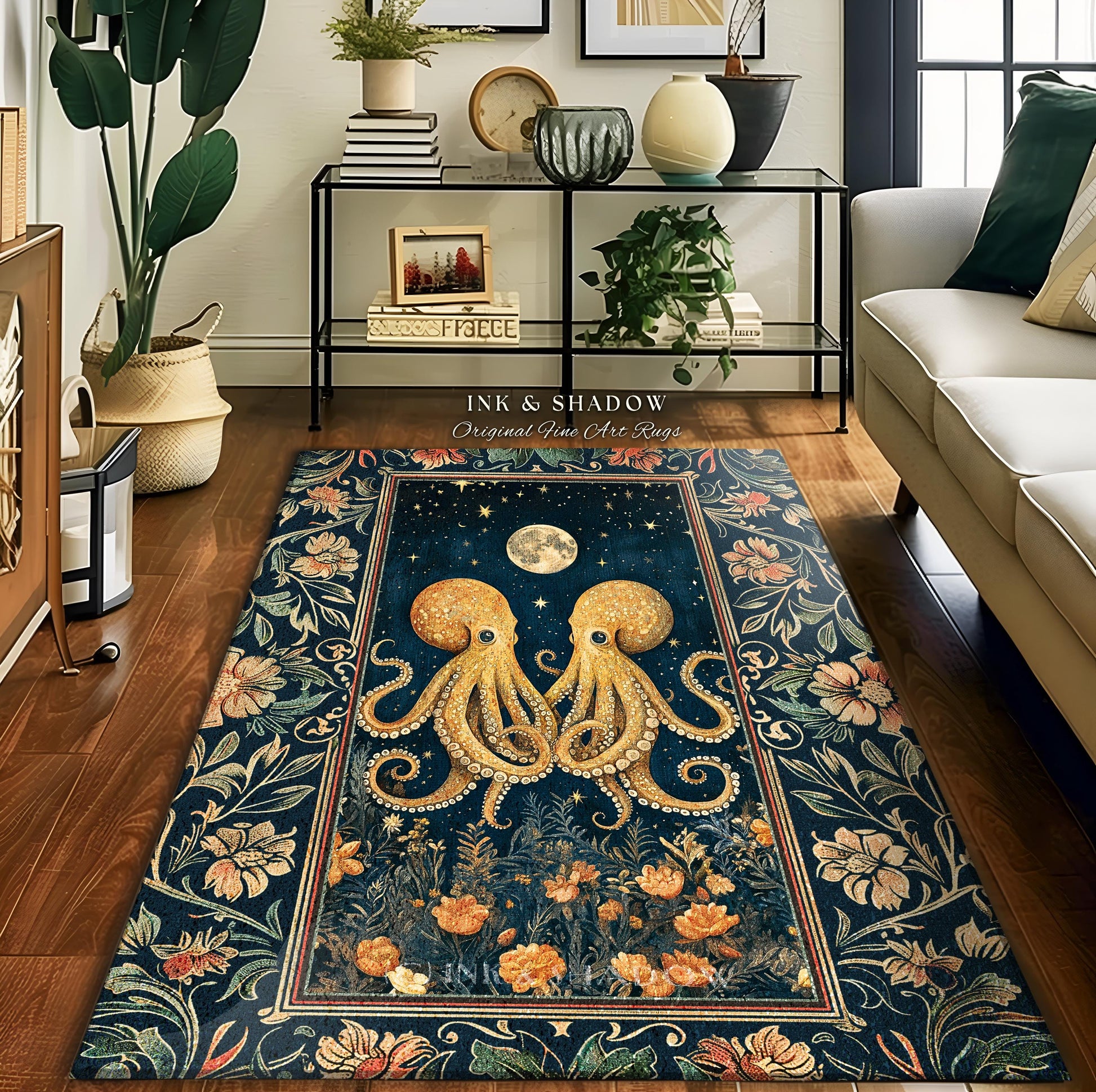 Nautical Storybook Octopus Accent Rug | Whimsigothic Moonlit Sea Life Nursery Area Rug Ethereal Oceanic Aesthetic Underwater Eclectic Unique