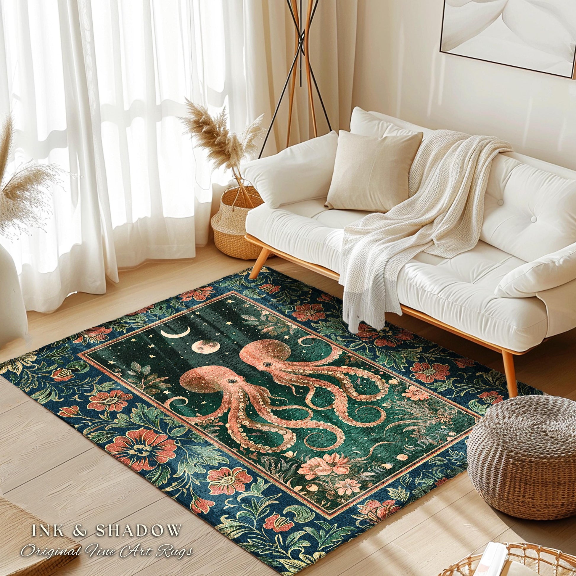 Celestial Octopus Whimsical Area Rug | Ethereal Sea Life Eclectic Accent Rug Magical Underwater Theme Ocean Aesthetic Whimsigothic Nautical