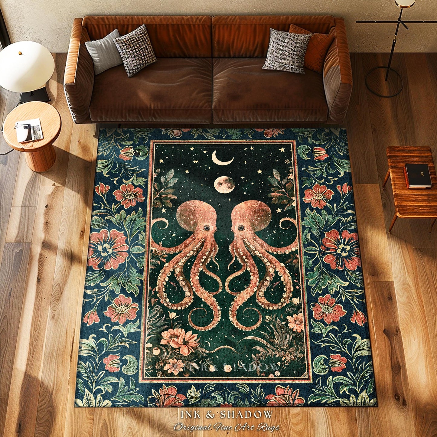 Celestial Octopus Whimsical Area Rug | Ethereal Sea Life Eclectic Accent Rug Magical Underwater Theme Ocean Aesthetic Whimsigothic Nautical