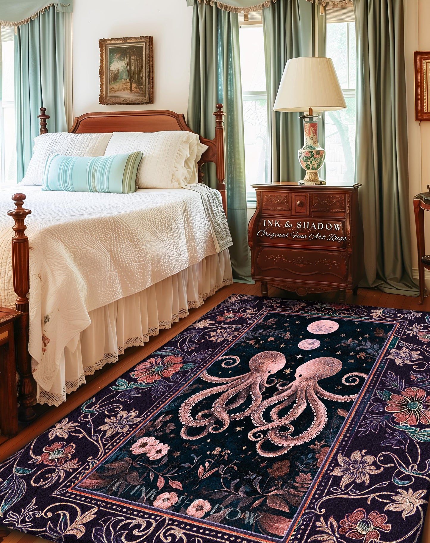 Lunar Magic Whimsical Octopus Rug | Midnight Purple Dark Academia Nautical Celestial Goblincore Oceanic Mystery Victorian Floral Area Rug |