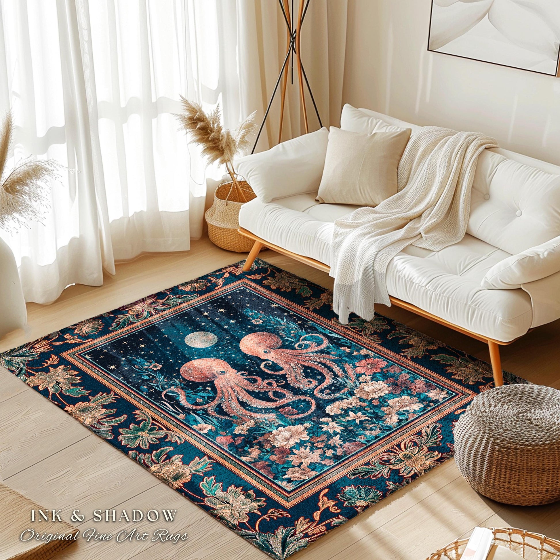 Ethereal Oddities Octopus Area Rug | Moonlit Nautical Woven Blanket Celestial Sea Life Cute Ocean Aesthetic Beach House Rug Whimsigothic |