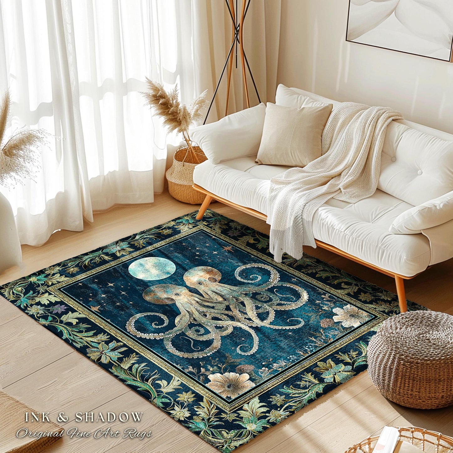 Romantic Victorian Octopus Area Rug | Ethereal Moonlit Ocean Aesthetic Underwater Eclectic Oddities Whimsical Home Accent Magical Sea Life |