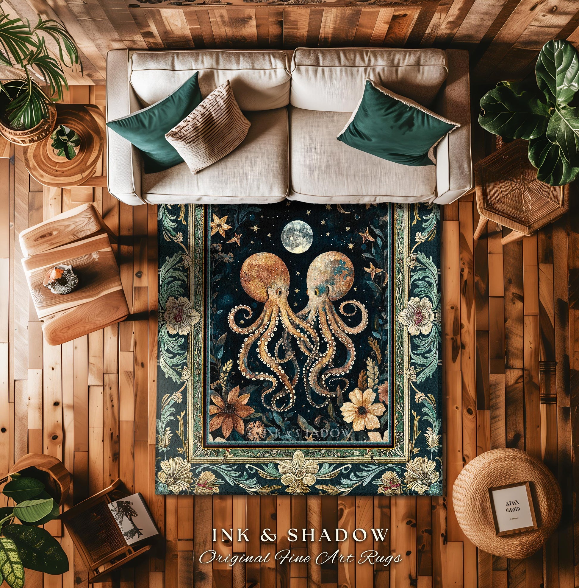 Moonlit Mystic Octopus Area Rug | Magical Sea Life Accent Rug Ethereal Ocean Aesthetic Beach House Throw Whimsigothic Decor Style Nautical |