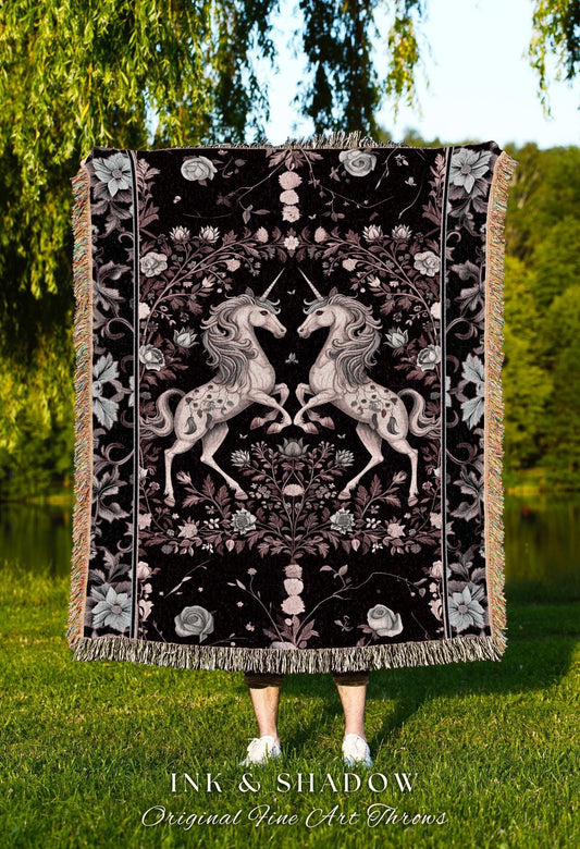 Dark Fairytale Unicorn Throw Blanket | Whimsical Fairycore Woven Tapestry Blanket Victorian Gothic Floral Decor Baroque Romantic Mystic Cute