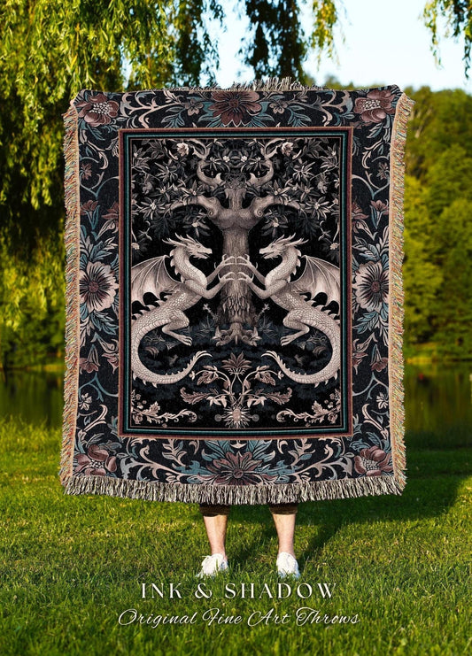 Medieval Cottagecore Woven Tapestry | Fairytale Dragon Dark Botanical Woodland Bedroom Rococo Theme Magical Fantasy Tree Tapestry Throw |