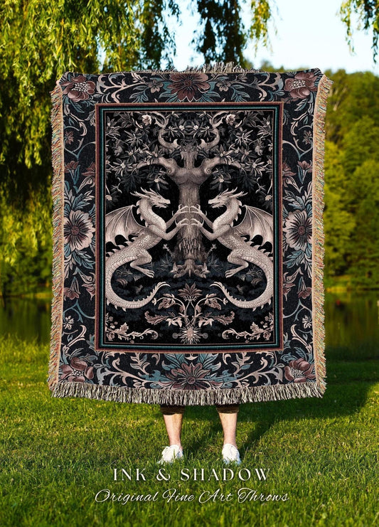 Medieval Cottagecore Woven Tapestry | Fairytale Dragon Dark Botanical Woodland Bedroom Rococo Theme Magical Fantasy Tree Tapestry Throw |