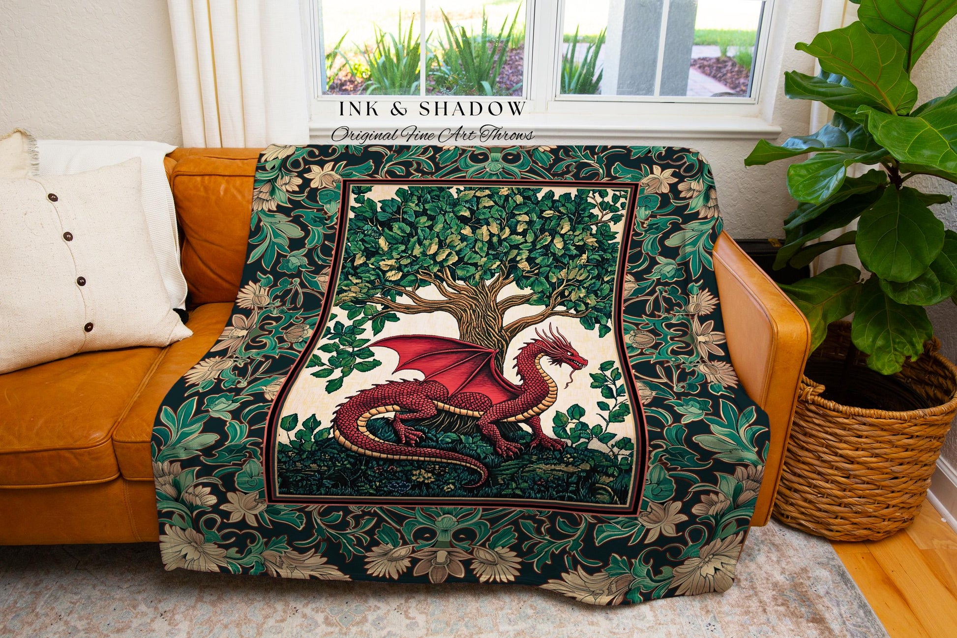 Medieval Woodland Dragon Throw Blanket | Botanical Goblincore Bedroom Whimsigothic Style Fairycore Cottagecore Aesthetic Moody Dark Academia