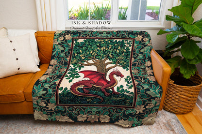 Medieval Woodland Dragon Throw Blanket | Botanical Goblincore Bedroom Whimsigothic Style Fairycore Cottagecore Aesthetic Moody Dark Academia