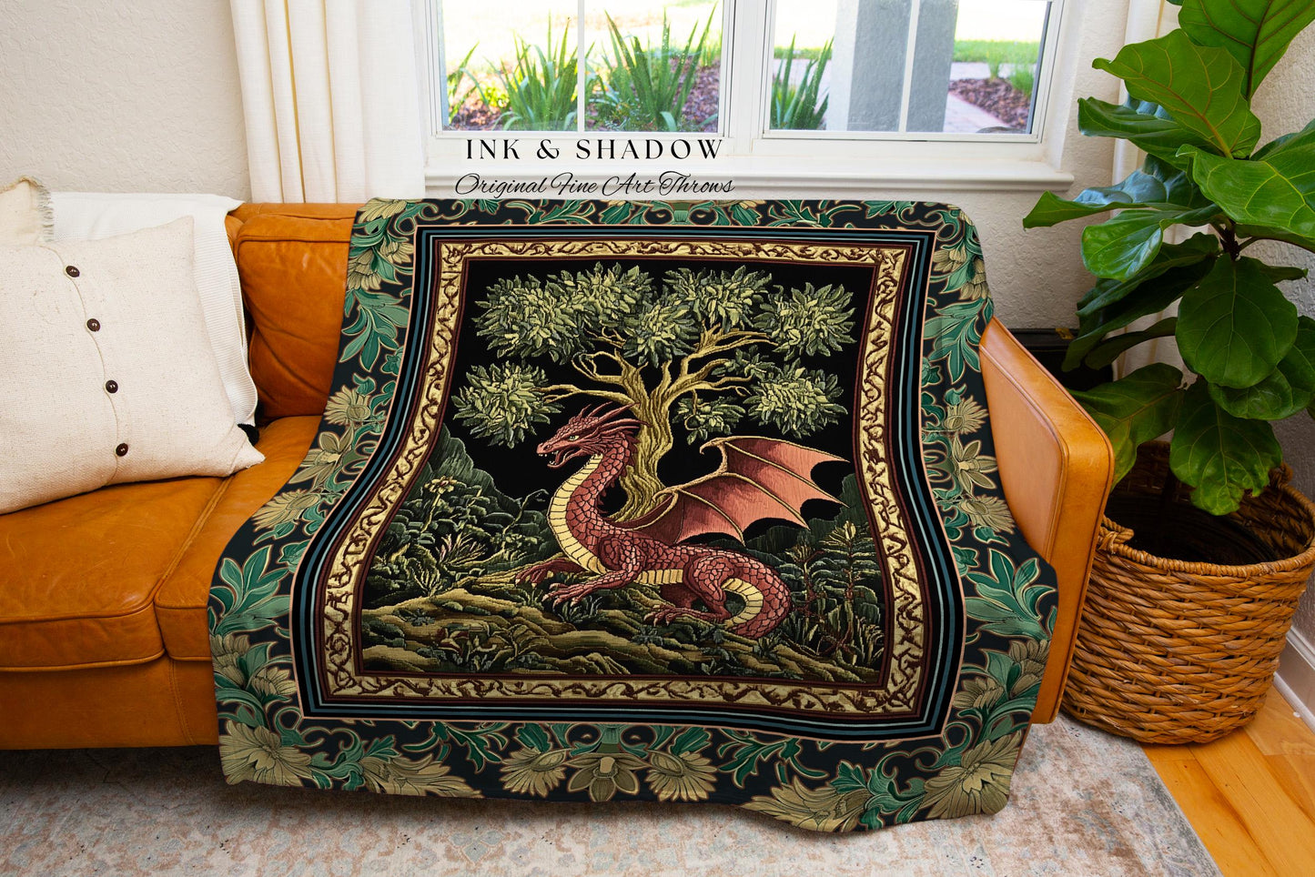 Fairytale Gothic Dragon Tapestry Woven | Whimsical Fantasy Dark Cottagecore Aesthetic Medieval Woven Blanket Moody Bedroom Gothic Maximalist