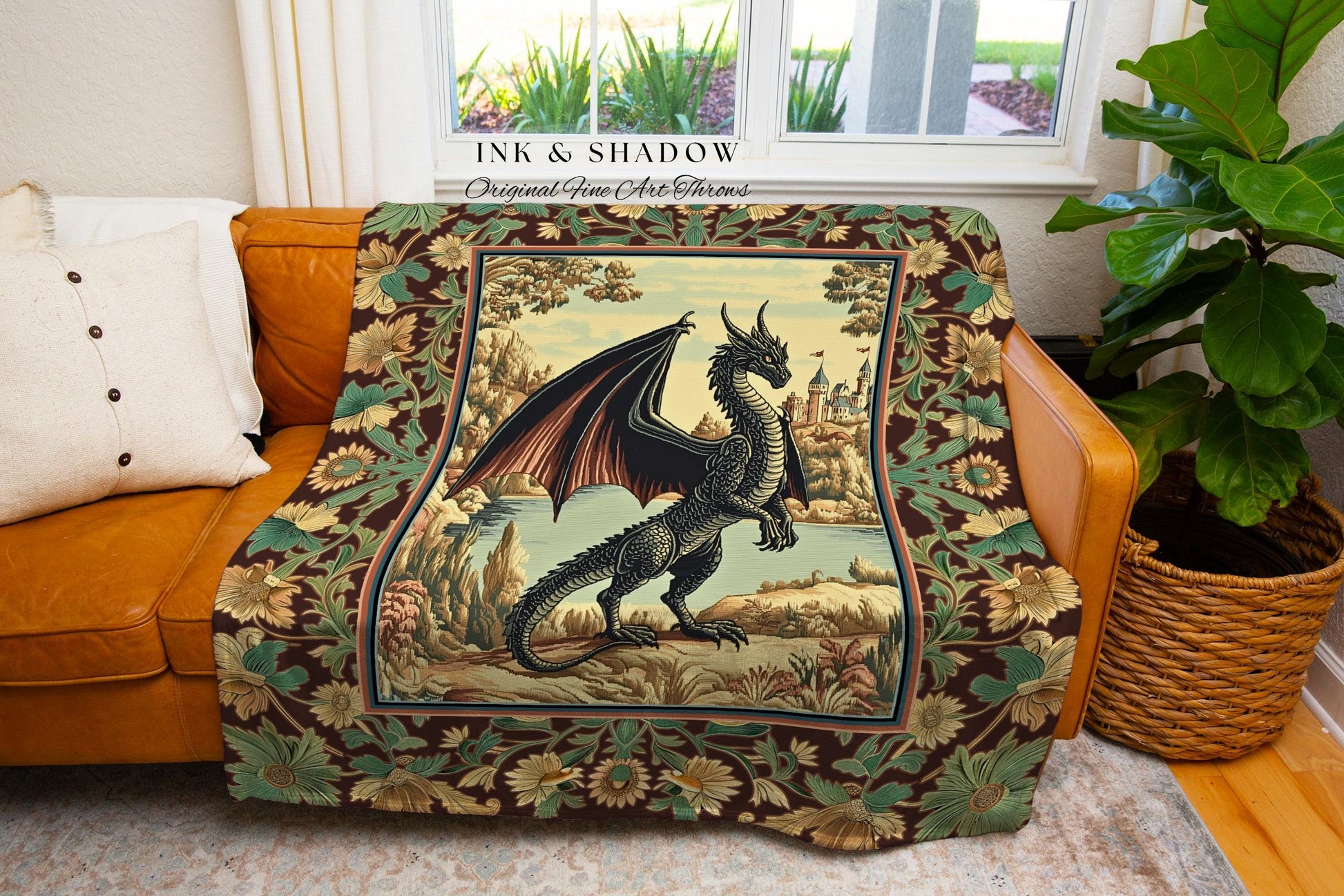 Dark Maximalist Dragon Throw Blanket Woven | Victorian Floral Woodland Fairytale Tapestry Whimsigothic Dark Academia Decor Mystic Folklore