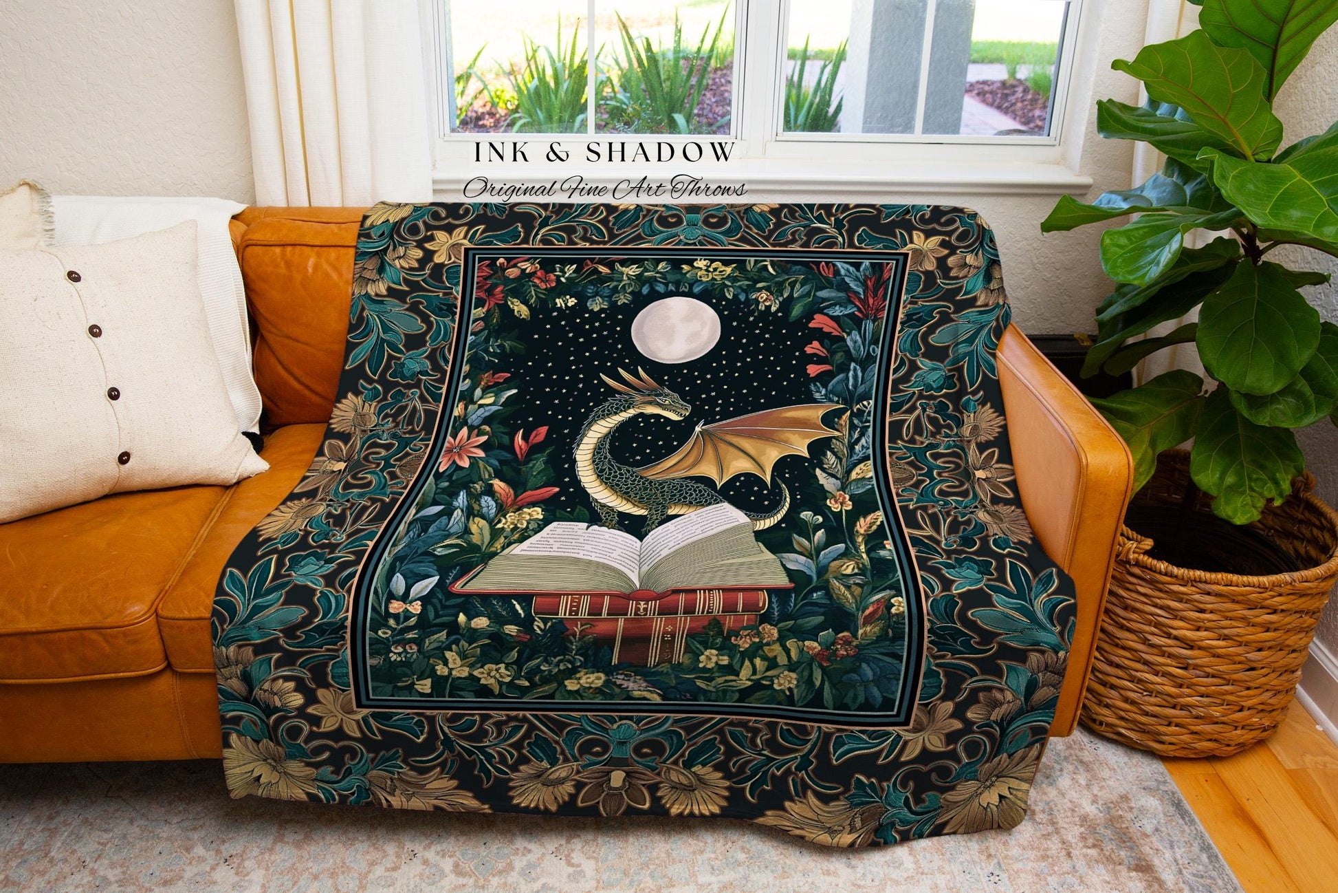 Witchy Moonlit Dragon Throw Blanket | Book Lover Bedroom Fantasy Fairytale Style Fairycore Cottagecore Aesthetic Enchanting Tapestry Woven |