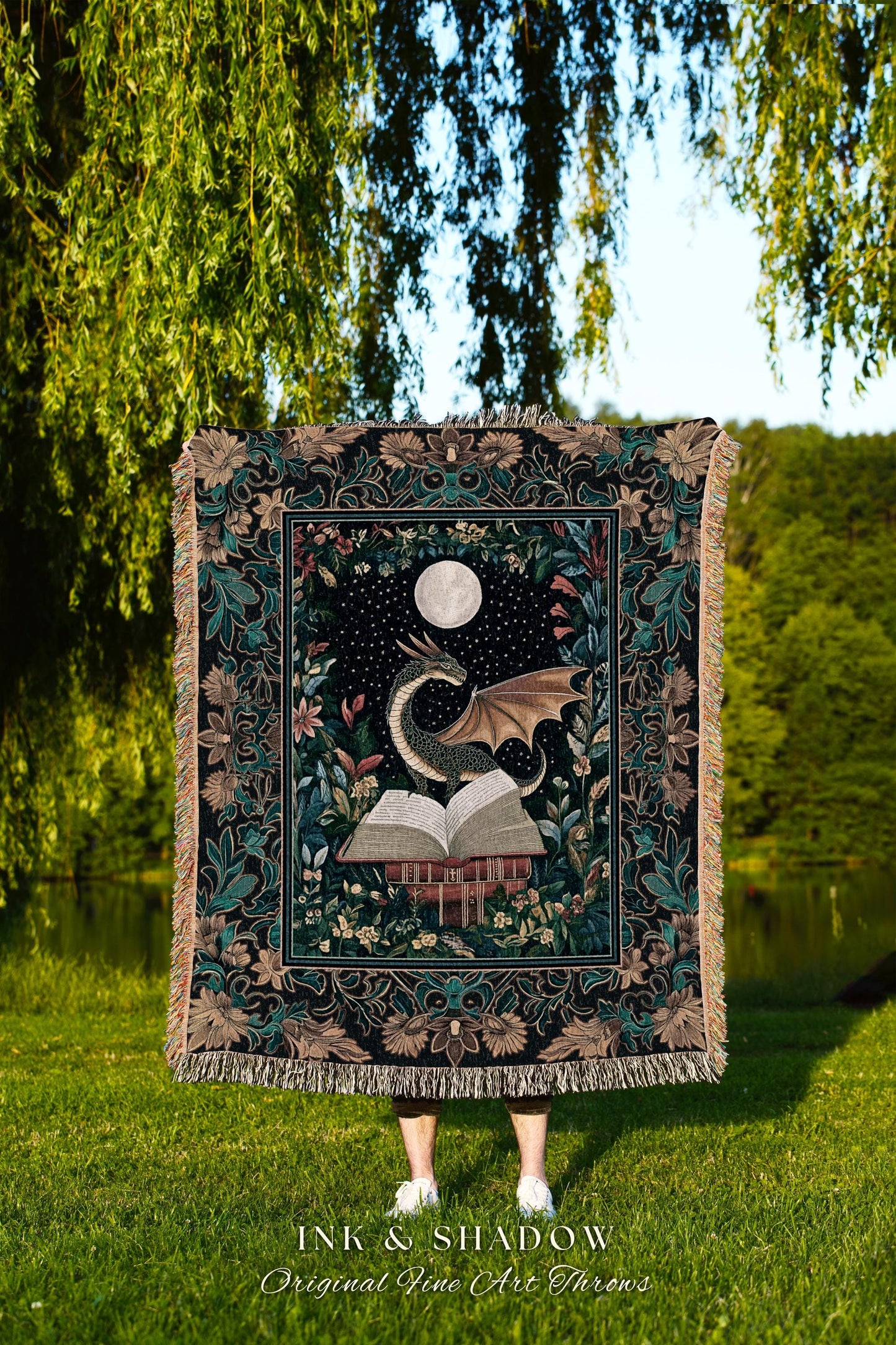 Witchy Moonlit Dragon Throw Blanket | Book Lover Bedroom Fantasy Fairytale Style Fairycore Cottagecore Aesthetic Enchanting Tapestry Woven |