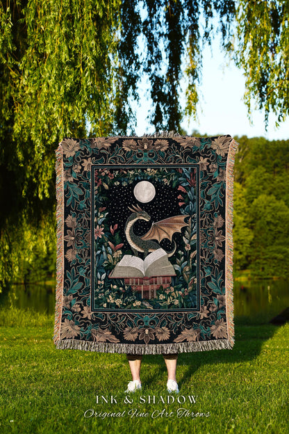 Witchy Moonlit Dragon Throw Blanket | Book Lover Bedroom Fantasy Fairytale Style Fairycore Cottagecore Aesthetic Enchanting Tapestry Woven |