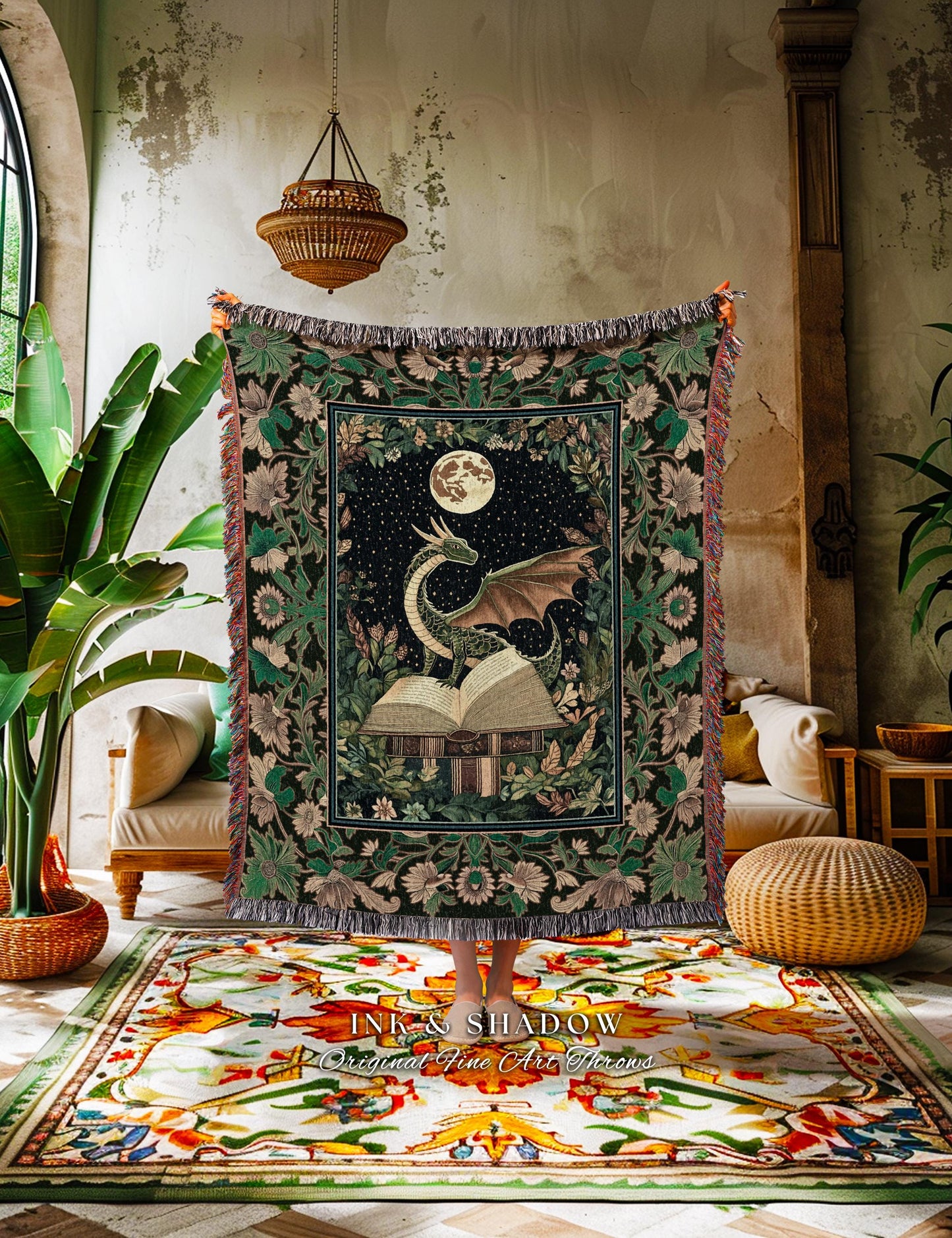 Medieval Library Cozy Reading Blanket | Dragon Aesthetic Whimsigothic Dark Academia Decor for Book Nook Crowcore Fairytale Bedroom Victorian