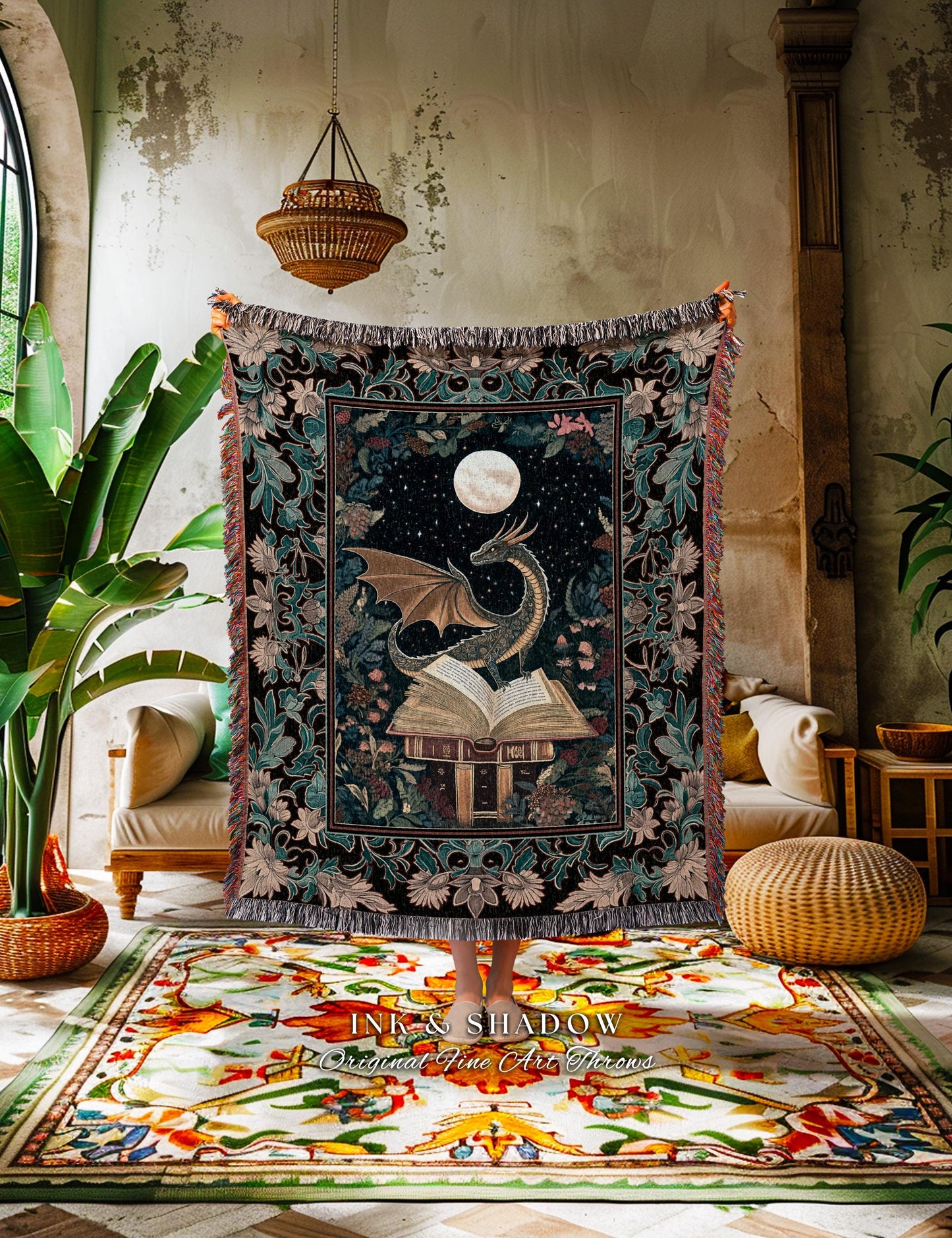 Mystic Academia Dragon Throw Blanket | Moonlit Fantasy Book Nook Tapestry Whimsical Bedroom Fairytale Dark Cottagecore Tapestry Woven Floral