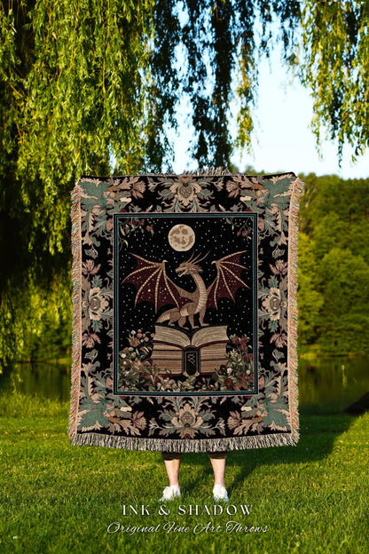 Witchy Dragon Tapestry Woven | Magical Mysticism Aesthetic Dark Tapestry for Book Nook Whimsigothic Bedroom Medieval Gothic Cottagecore Gift