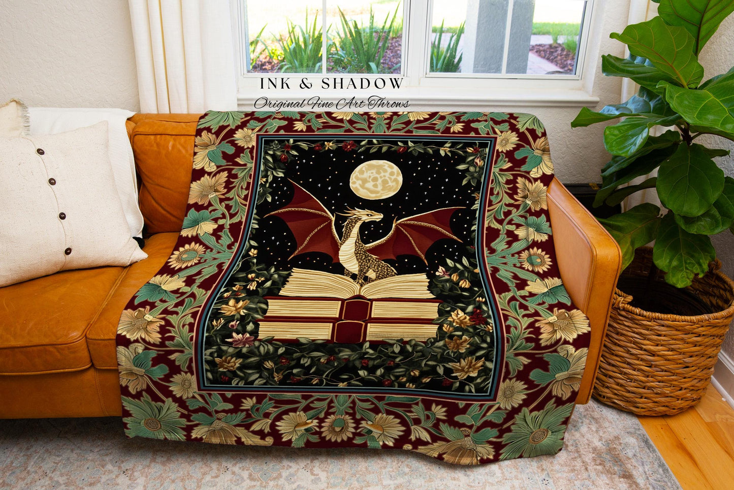 Baroque Maximalist Dragon Lover Blanket | Dark Academia Reading Corner Tapestry Ethereal Bedroom Whimsigothic Enchanting Woven Tapestry Boho