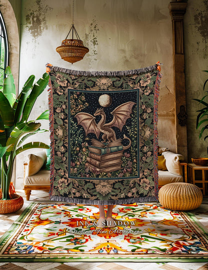 Medieval Library Mystic Dragon Blanket | Ethereal Victorian Floral Tapestry for Book Nook Woodland Fairytale Dark Academia Folklore Style |