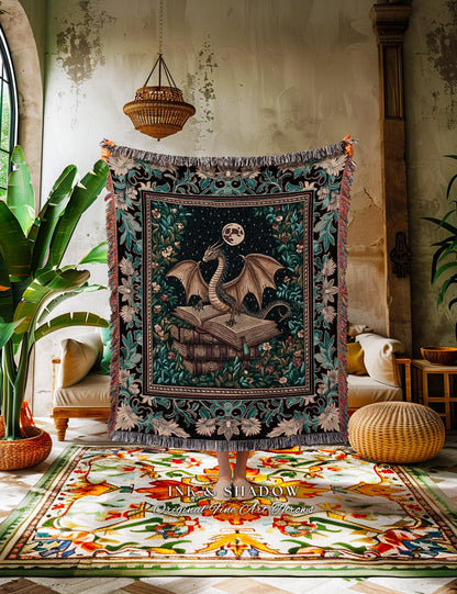 Fantasy Tapestry Blanket Medieval Dragon | Medieval Library Aesthetic Gothic Cottagecore Decor for Book Nook Crowcore Fairytale Bedroom |