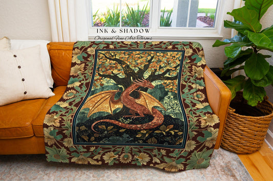 Modern Renaissance Dragon Throw Blanket | Victorian Gothic Tapestry Woodland Medieval Bedroom Ethereal Fairytale Gothic Dark Botanical Home