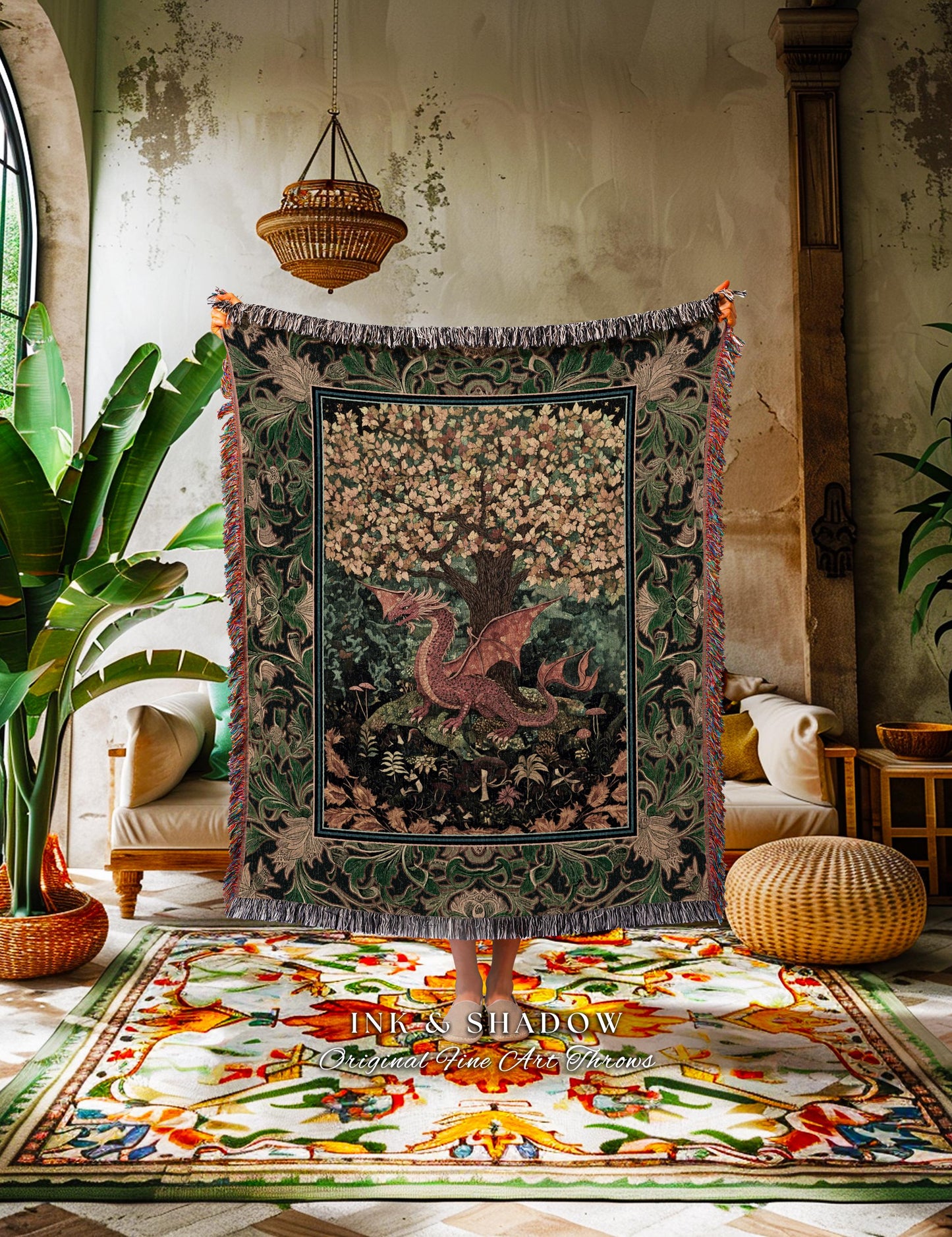 Moody Maximalist Dragon Woven Blanket | Dark Floral Cottagecore Tapestry Woodland Gothic Medieval Bedroom Wall Art Ethereal Fairytale Theme