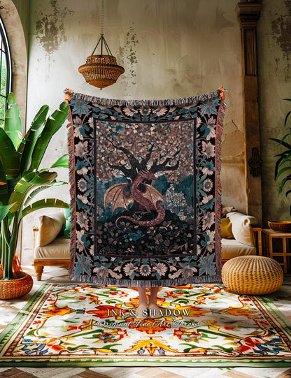 Mystic Serpent Dragon Cozy Throw Blanket | Medieval Whimsy Dark Academia Bedding Magical Aesthetic Tree Woven Wall Tapestry Fairytale Theme