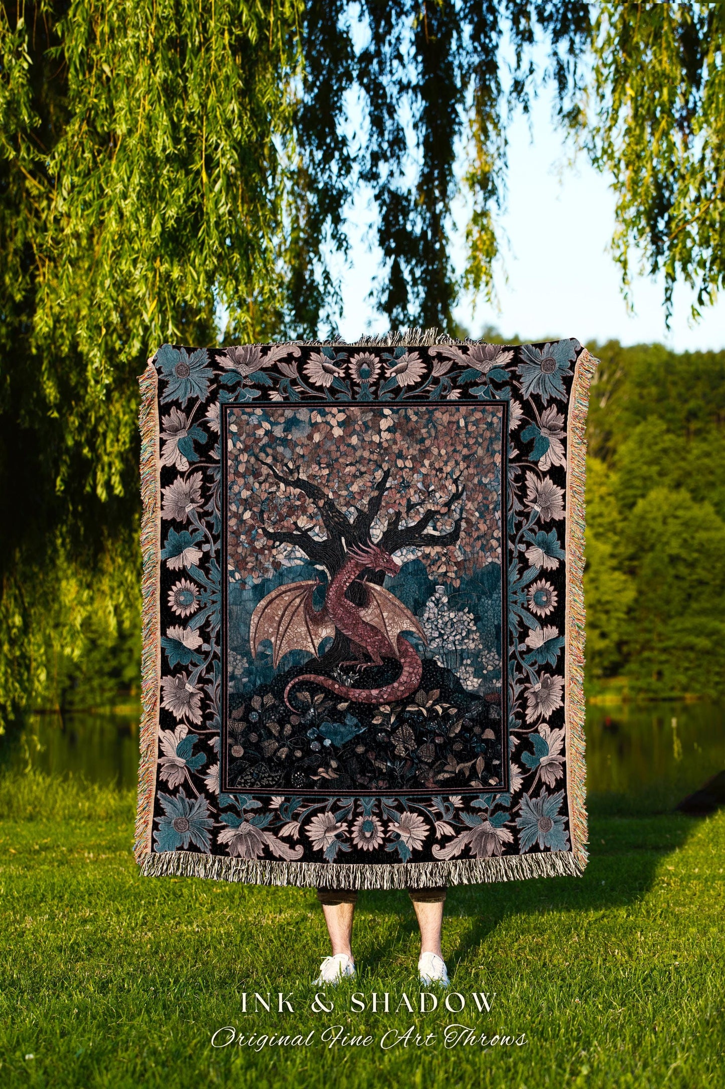 Mystic Serpent Dragon Cozy Throw Blanket | Medieval Whimsy Dark Academia Bedding Magical Aesthetic Tree Woven Wall Tapestry Fairytale Theme