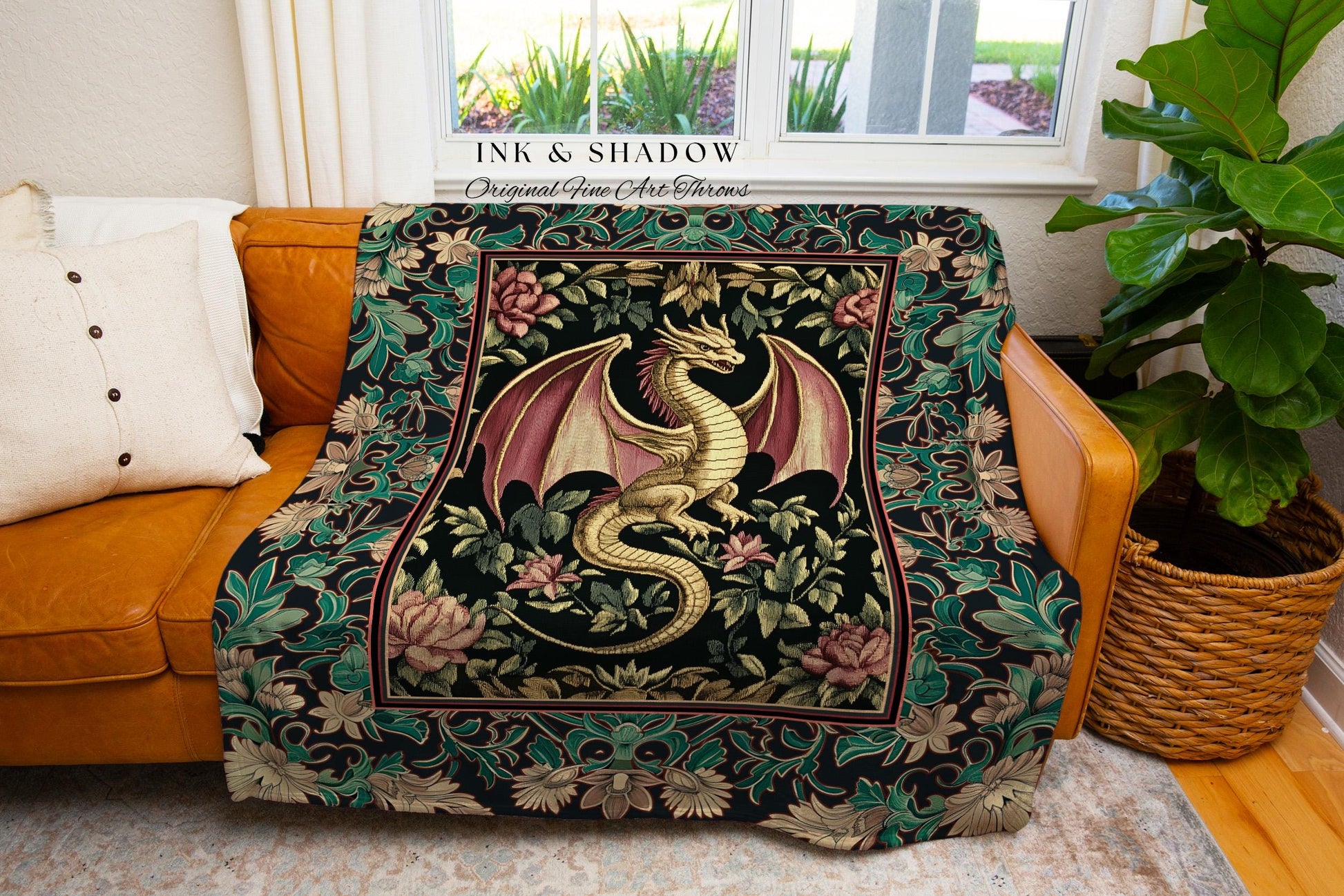 Victorian Gothic Medieval Dragon Blanket | Enchanted Ornate Baroque Fantasy Tapestry Throw Mystical Vintage Whimsigoth Woodland Bedroom Art