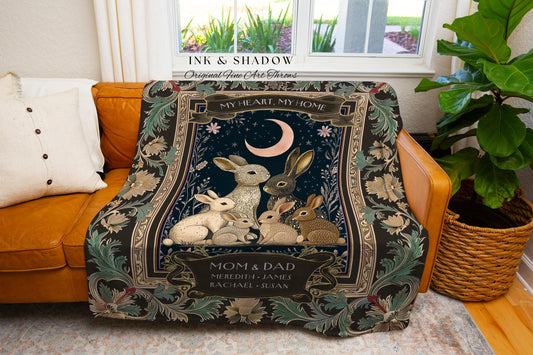 Bunny Family Custom Names Blanket | Personalized Grandchildren Gift Meaningful Keepsake Gift From Children Celestial Woodland Tapestry Cute