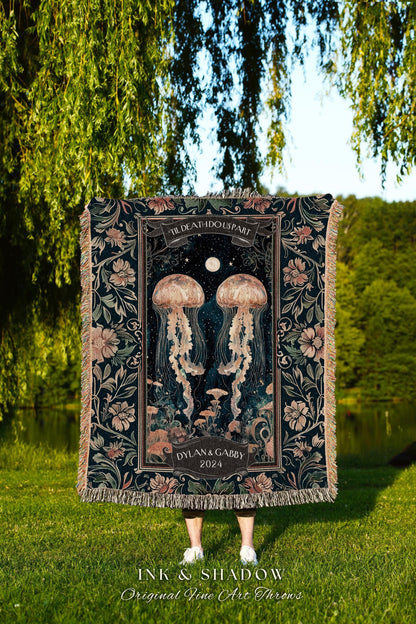 His and Hers Jellyfish Throw Blanket | Underwater Sea Scene Tapestry Celestial Cottagecore Enchanted Wedding Whimsigothic Art Personalized