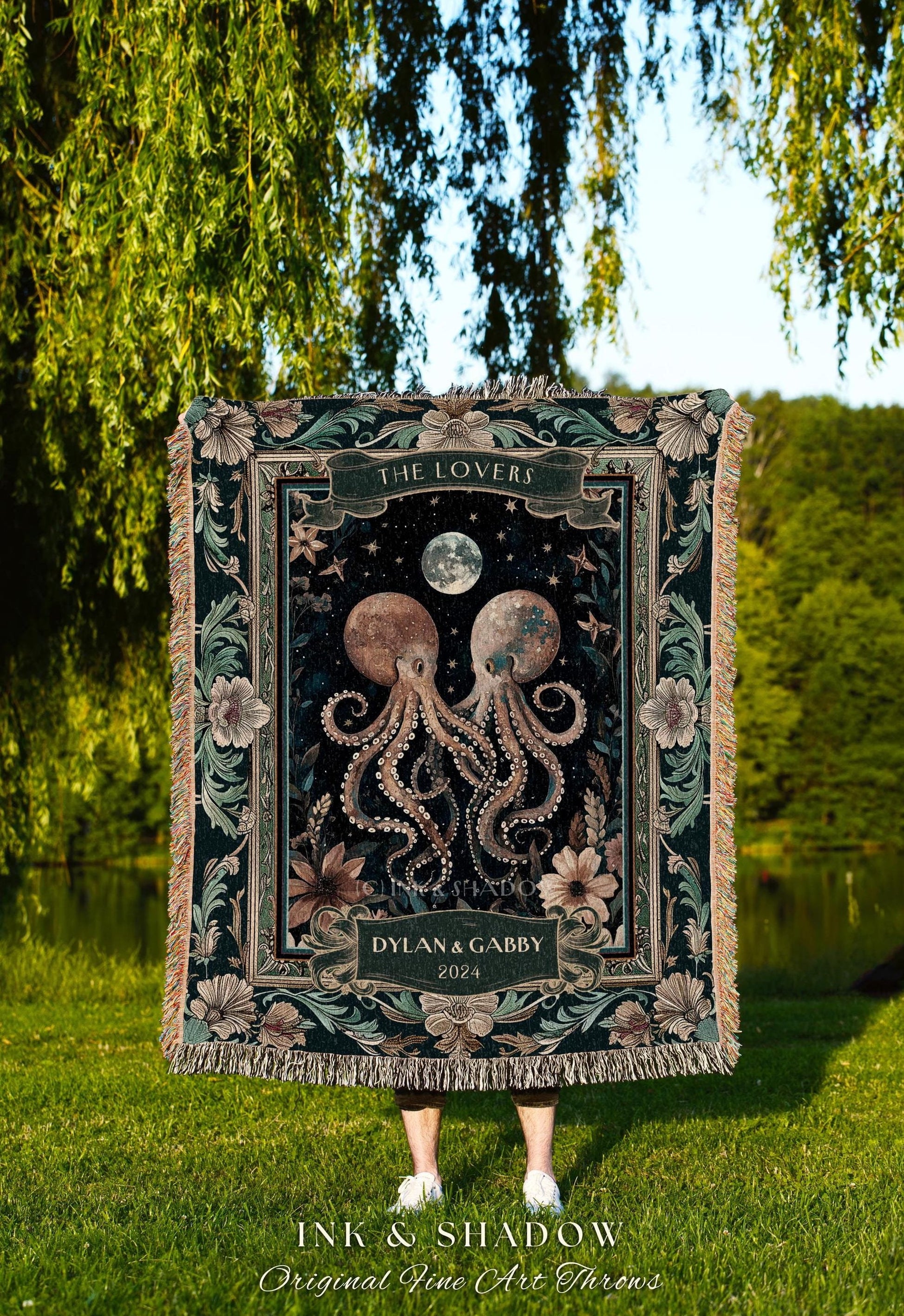 Octopus Couple Romantic Woven Blanket Gift | Oceanic Theme Whimsigothic Tapestry Celestial Personalized Dark Academia Anniversary Valentine