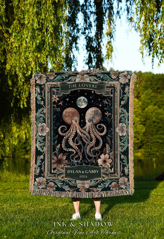 Octopus Couple Romantic Woven Blanket Gift | Oceanic Theme Whimsigothic Tapestry Celestial Personalized Dark Academia Anniversary Valentine