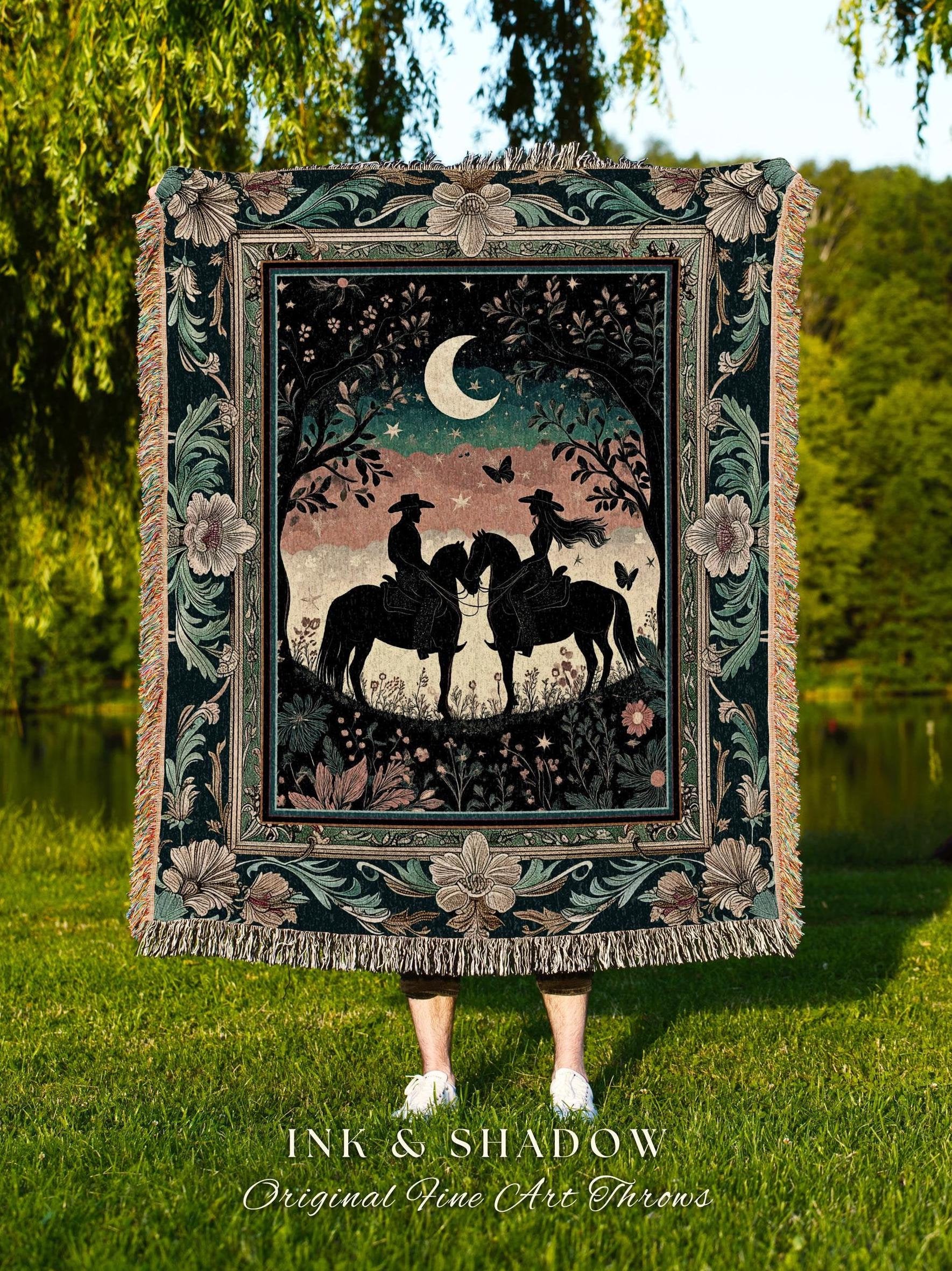 Starry Silhouettes Woven Tapestry | Romantic Moonlit Western Cowgirl Cowboy Ethereal Farmhouse Decor Horse Lover Country Theme Home Decor |