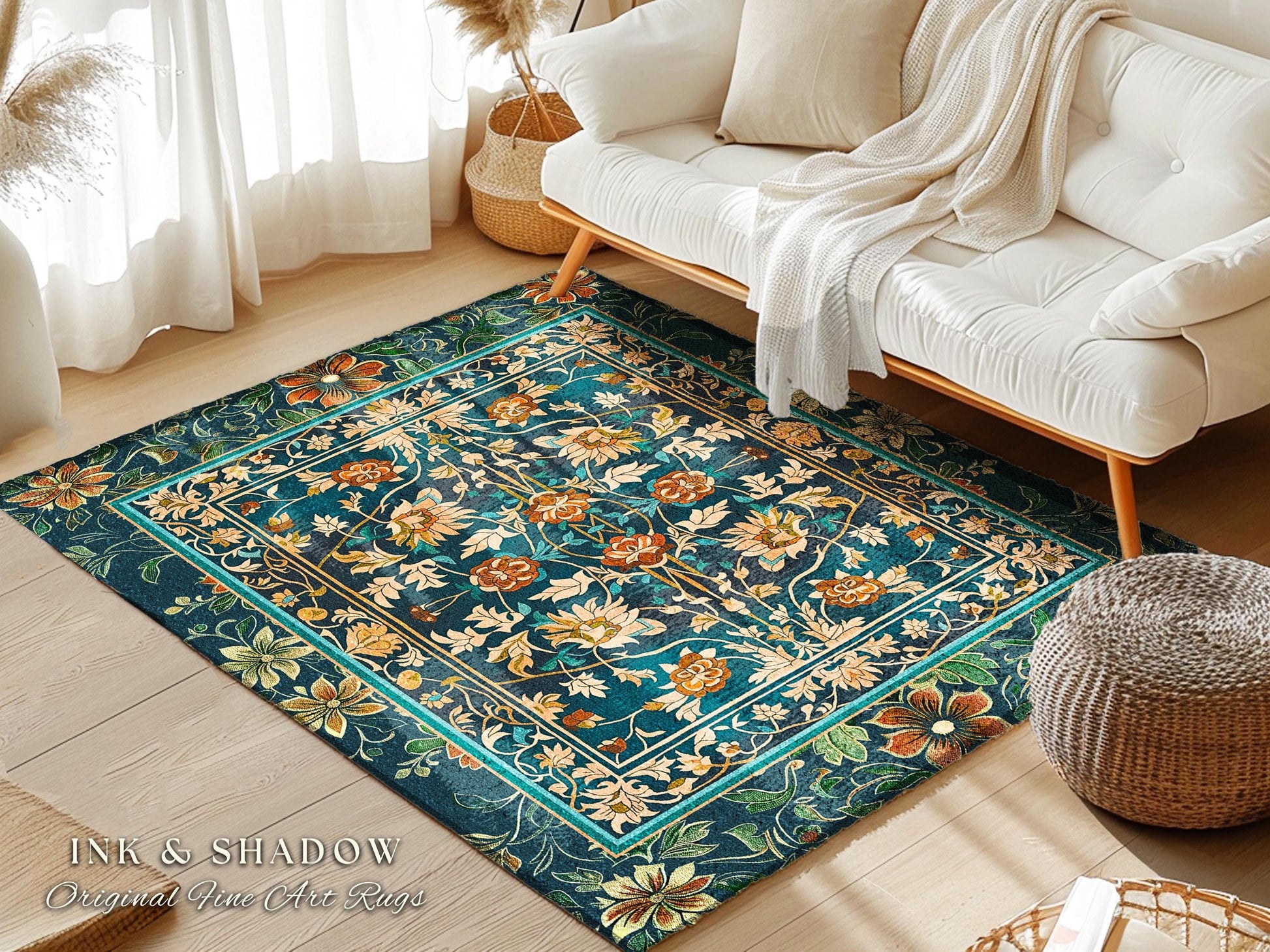 Timeless Ornate Floral Area Rug | Elegant Victorian Revivalist Wildflower Accent Rug for Living Room Dark Floral Teal Blue Royal Cottagecore