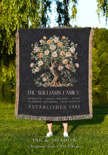 Floral Elegance Family Tree Blanket | Elegant Housewarming Custom Cotton Throw Blanket Meaningful Family Names Personalized Thoughtful Gift