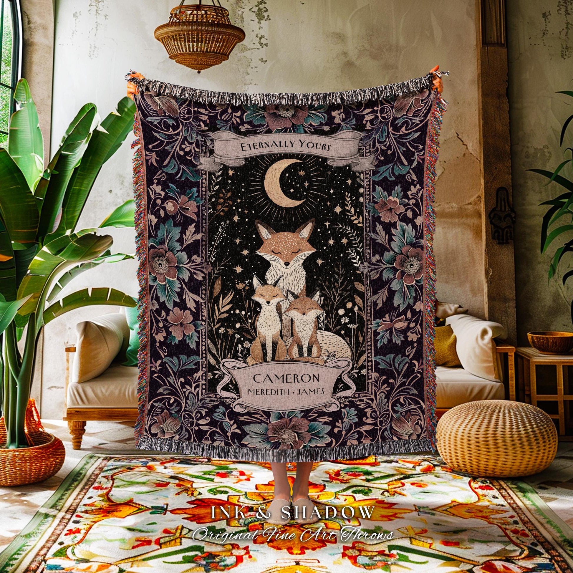 Folklore Aesthetic Custom Family Tapestry | Woodland Cottagecore Fox Family Woven Tapestry Blanket Custom Names Gift from Kids Sentimental |