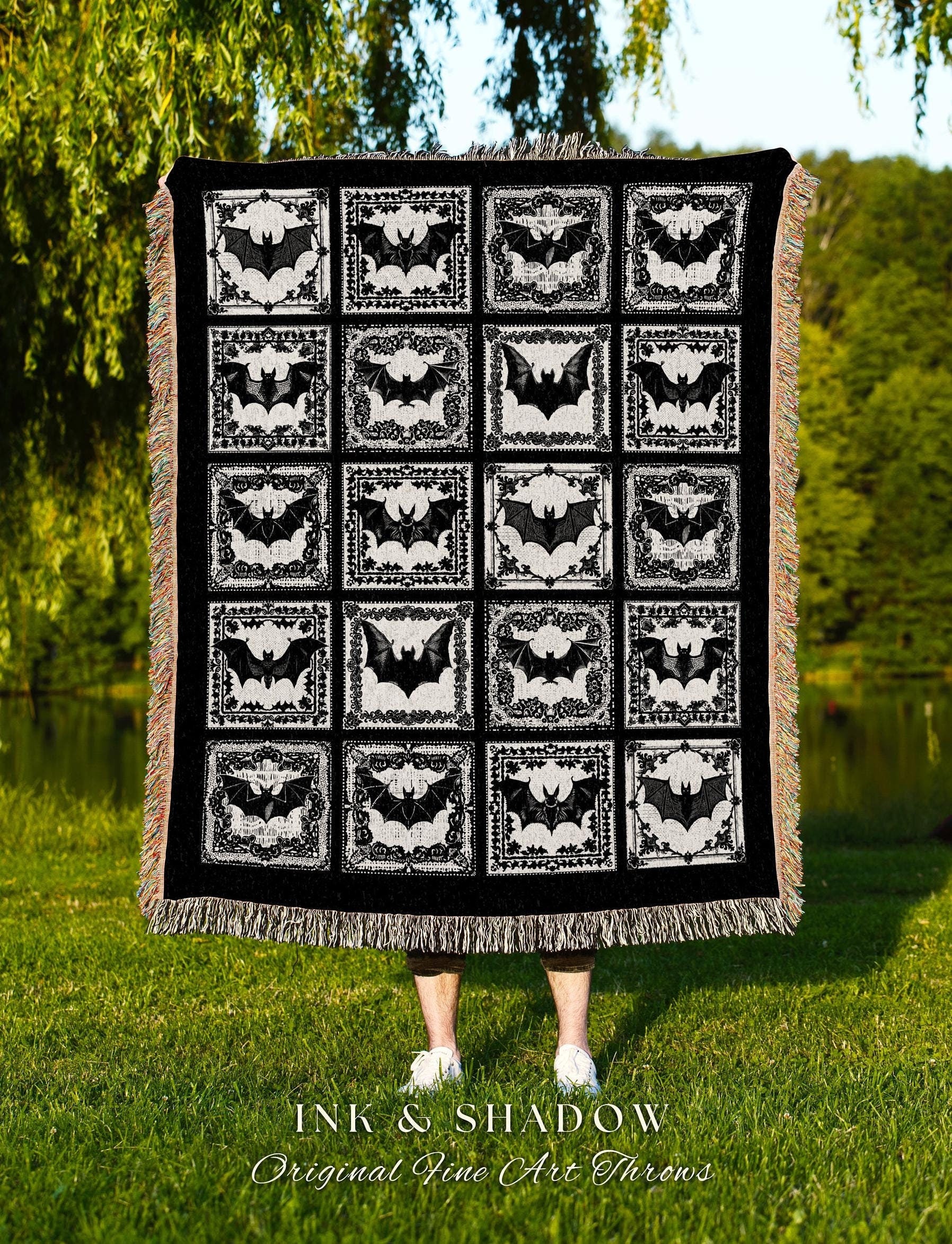 Black & White Witchy Bat Blanket | Spooky Aesthetic Retro Halloween Tapestry Dark Cottagegoth Wall Art Spooky Season Decor Bat Gift Cozy |