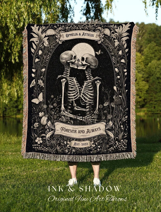 Moonlit Skeletons Couple Blanket | Personalized Wedding Anniversary Blanket Unique Couple Gift for Goths Custom Tapestry Meaningful Gifts |