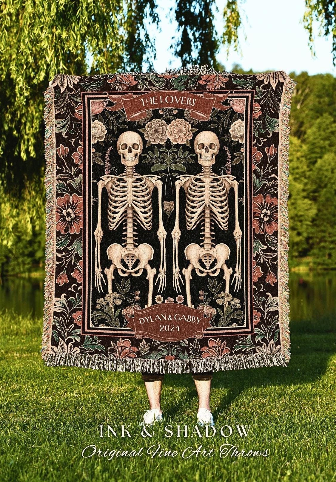 Ethereal Skeleton Couple Blanket Botanical | Personalized Woven Tapestry Dark Floral Gothic Wedding Anniversary Gift Woven Throw Thoughtful