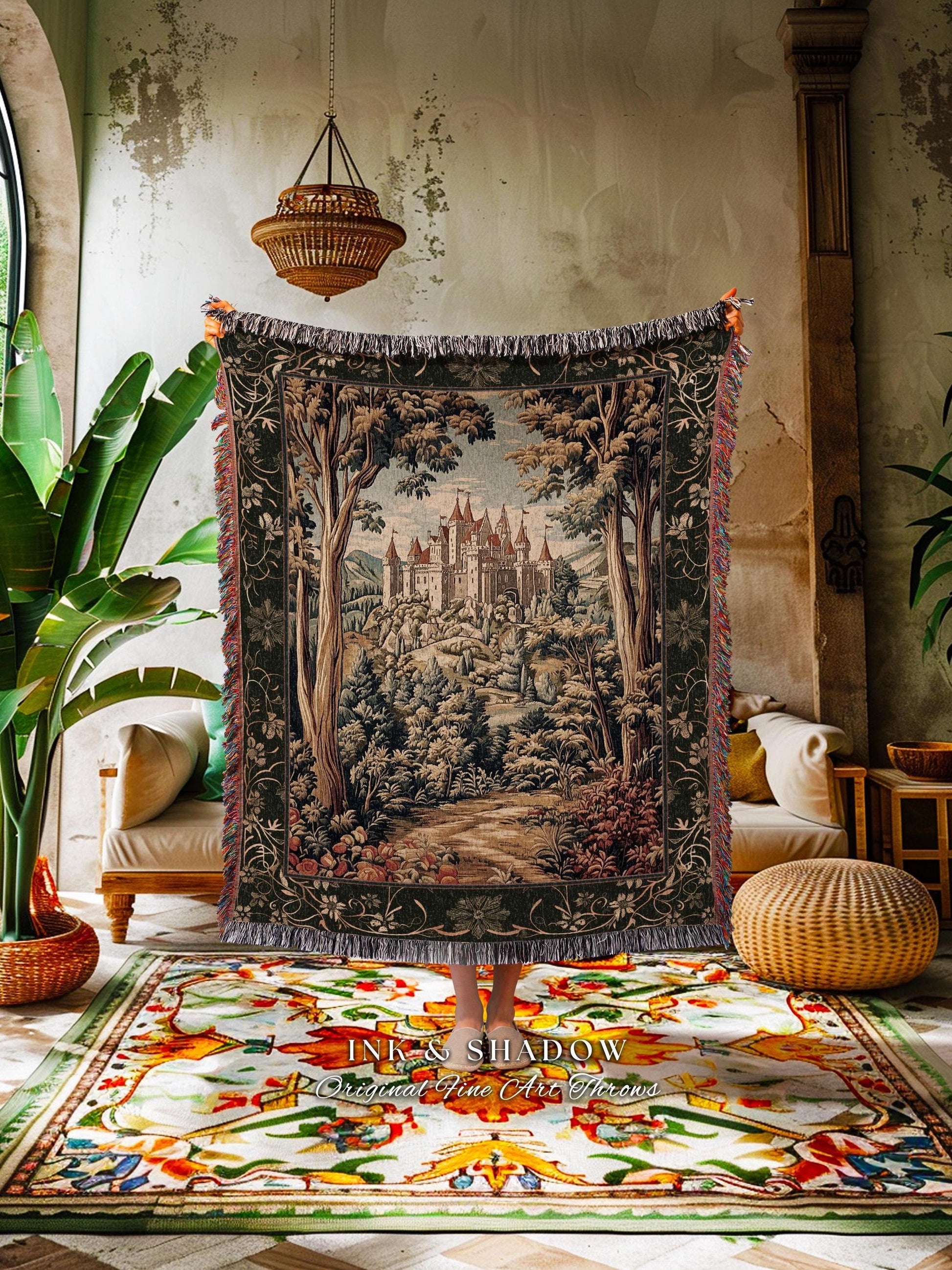 Mystic Castle Book Nook Tapestry Throw Ethereal Fairycore Folklore Aesthetic | Magical Woodland Botanical Blanket Dark Academia Indie Decor