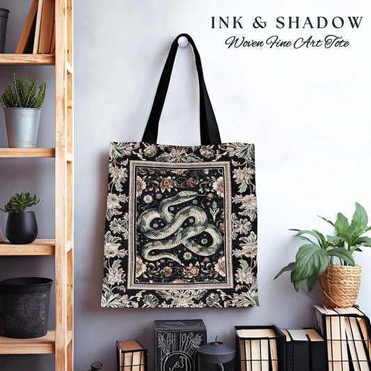 Victorian Gothic Dark Floral Snake Tapestry Tote Enchanted Forest Art Nouveau Cottagecore, Whimsigoth Whimsical Botanical Serpent Woven Bag