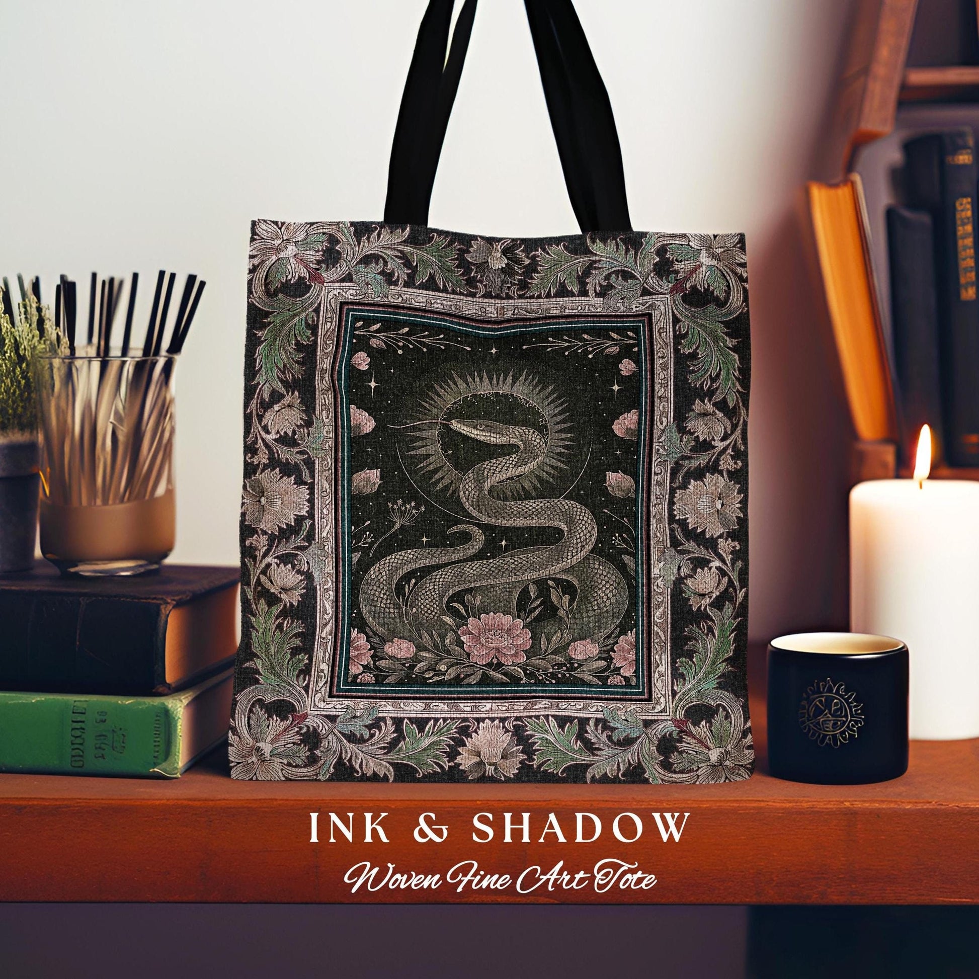 Victorian Rose Serpent Tapestry Bag Romantic Cottagecore Floral Tote, Enchanted Baroque Snake Dark Academia Gothic Pink Fairycore Goblincore