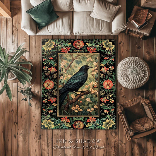 Dark Academia Crowcore Rug | Ethereal Bedroom Decor William Morris Inspired Cottagecore Aesthetic Dark Fairycore Book Nook Woodland Witchy