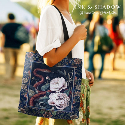 Moody Dark Botanical Serpent Enchanted Floral Tapestry Tote Exotic Gothic Bag | Ethereal Woodland Snake Victorian Art Nouveau Accessories