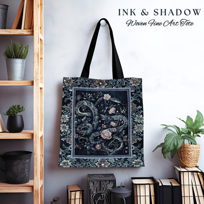 Midnight Blue Dark Floral Serpent Tote Whimsical Vintage Botanical Snake Tapestry Bag, Victorian Gothic Mystic Macabre Enchanted Forestcore