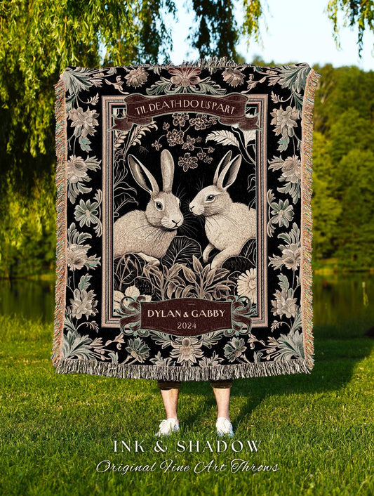 Woodland Rabbits Custom Throw Blanket | Cute Anniversary Gift Gothic Bunny Blanket Romantic Couples Tapestry Custom Mr & Mrs Meaningful Gift