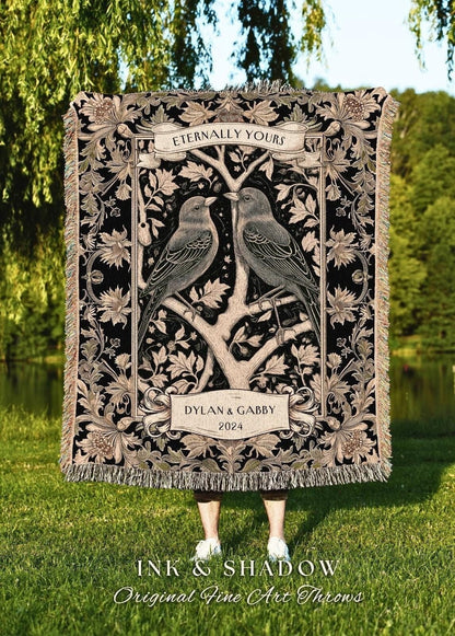 Woodland Gothic Raven Couple Blanket | Crow Core His and Hers Dark Academia Aesthetic Woven Throw Custom Name Gift Goth Tapestry Witch Decor